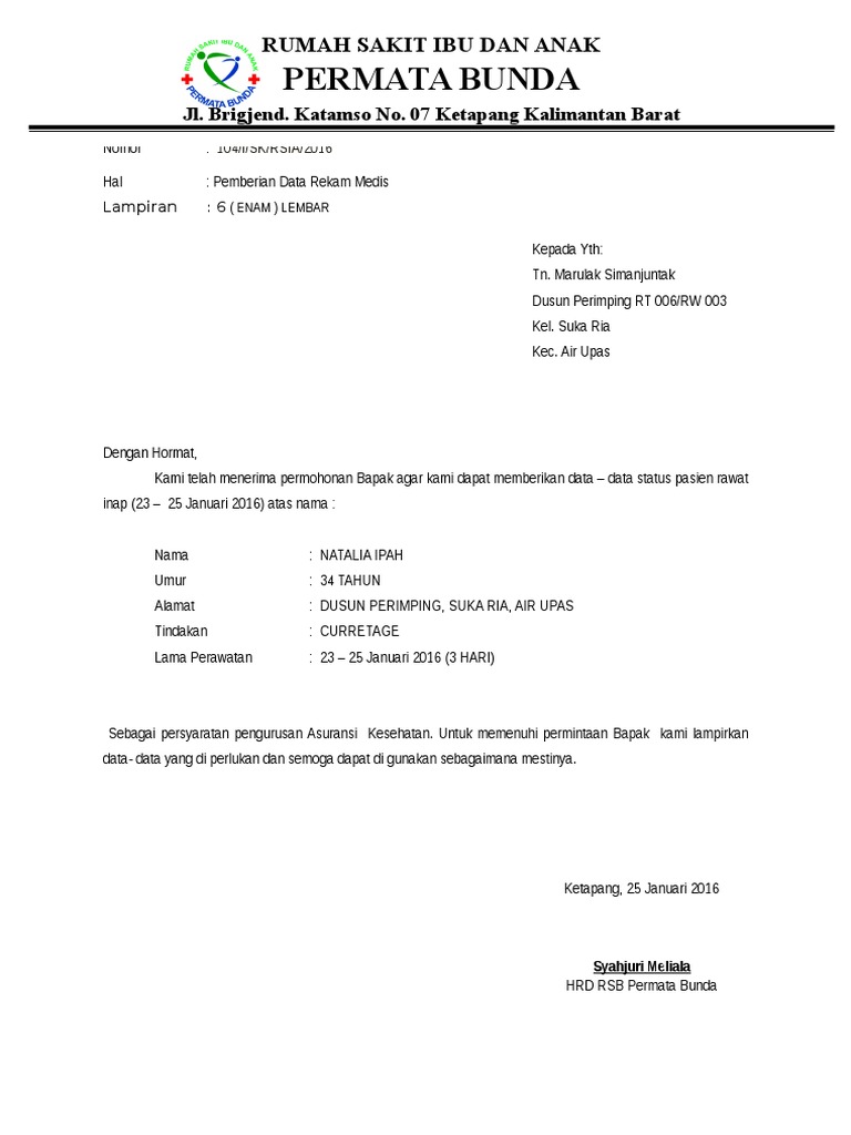 Format Surat Balasan Permintaan Data Rekam Medik