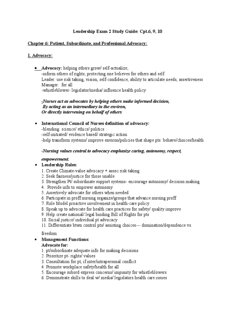 Leadership Advocacy in Nursing Study Guide | PDF | Whistleblower | Nursing