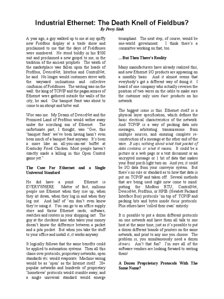 Death Knell of Fieldbus PDF Communications Protocols Computer Network