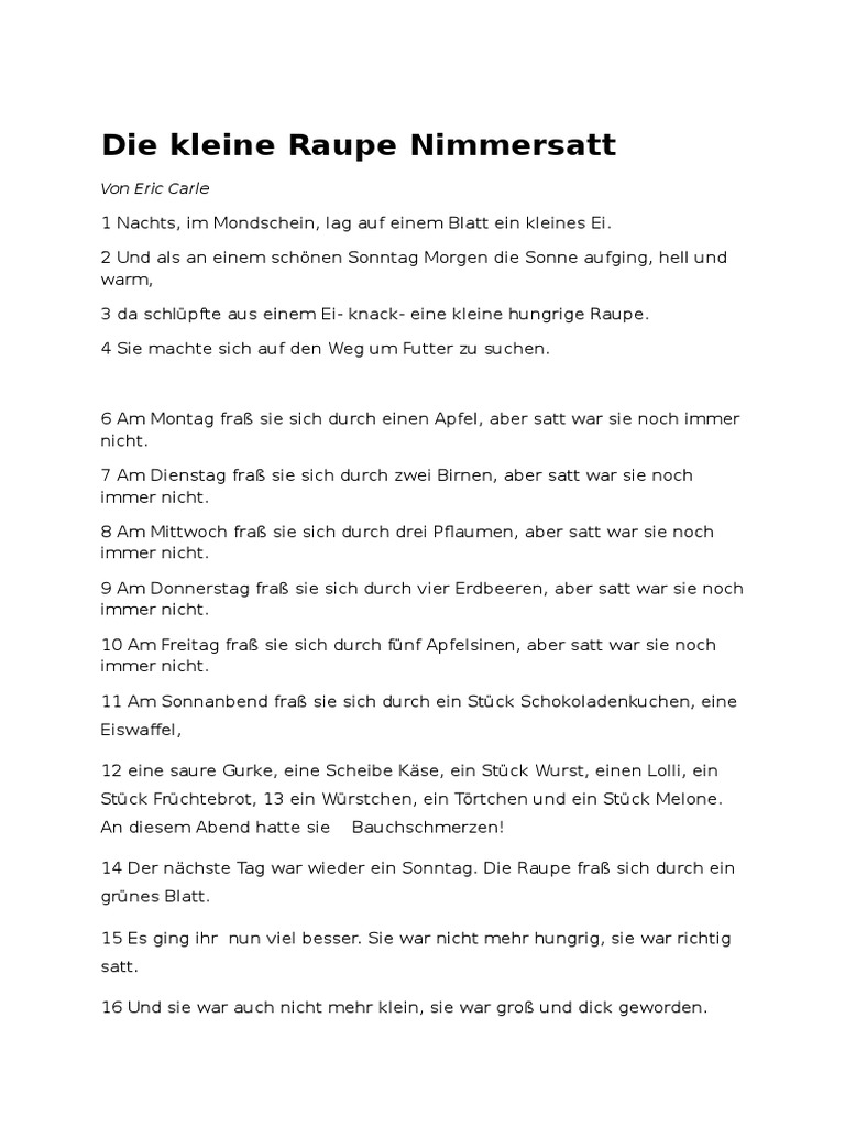 Die Kleine Raupe Nimmersatt Text Und Aufgaben