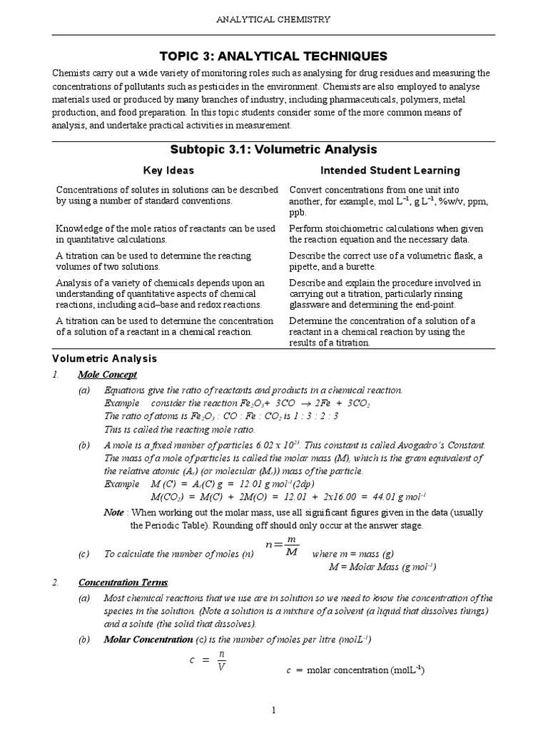 Topic 3 Analytical Techniques Key Ideas Intended Student Learning Download Free PDF