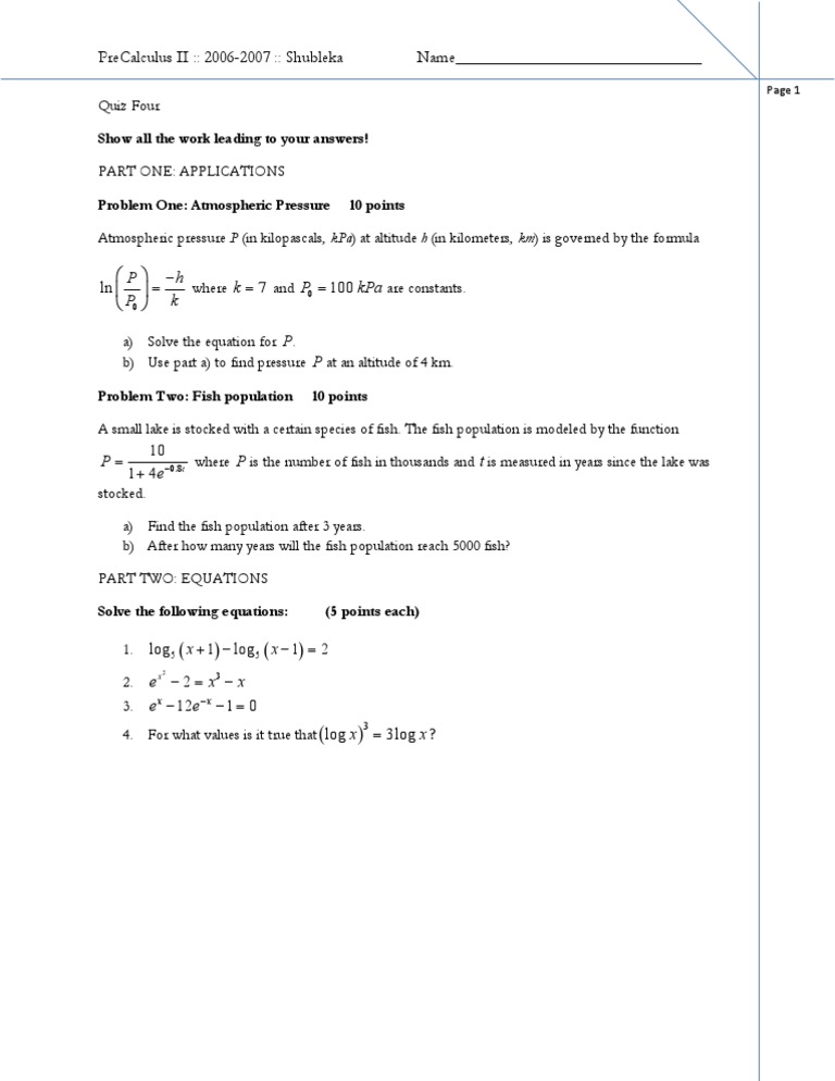 PreCalculus II Quiz: Applications & Equations | PDF | Teaching Methods ...