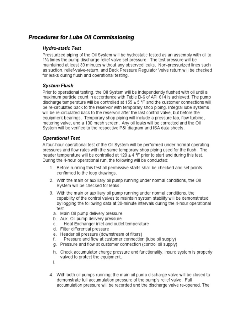 Procedures For Lube Oil Commissioning | PDF | Pump | Valve