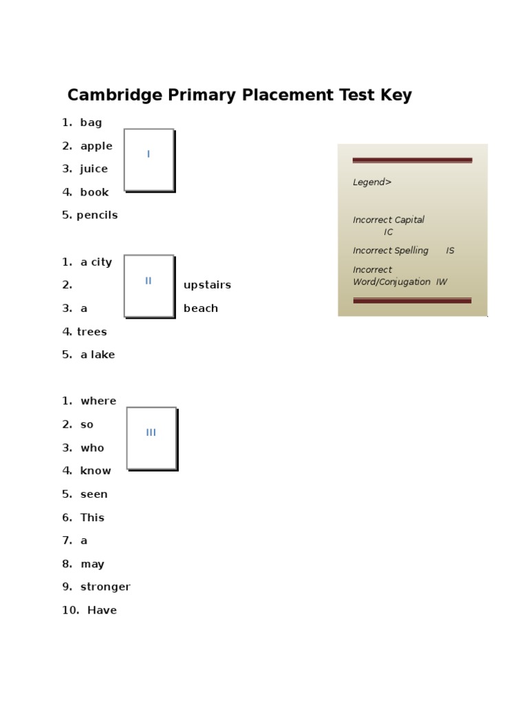 Cambridge Grade 1 Placement Test Key | PDF | Cooking, Food & Wine ...