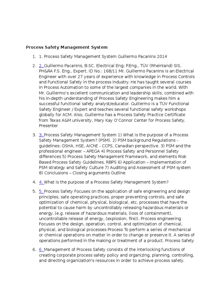 Process Safety Management System | PDF | Occupational Safety And Health ...