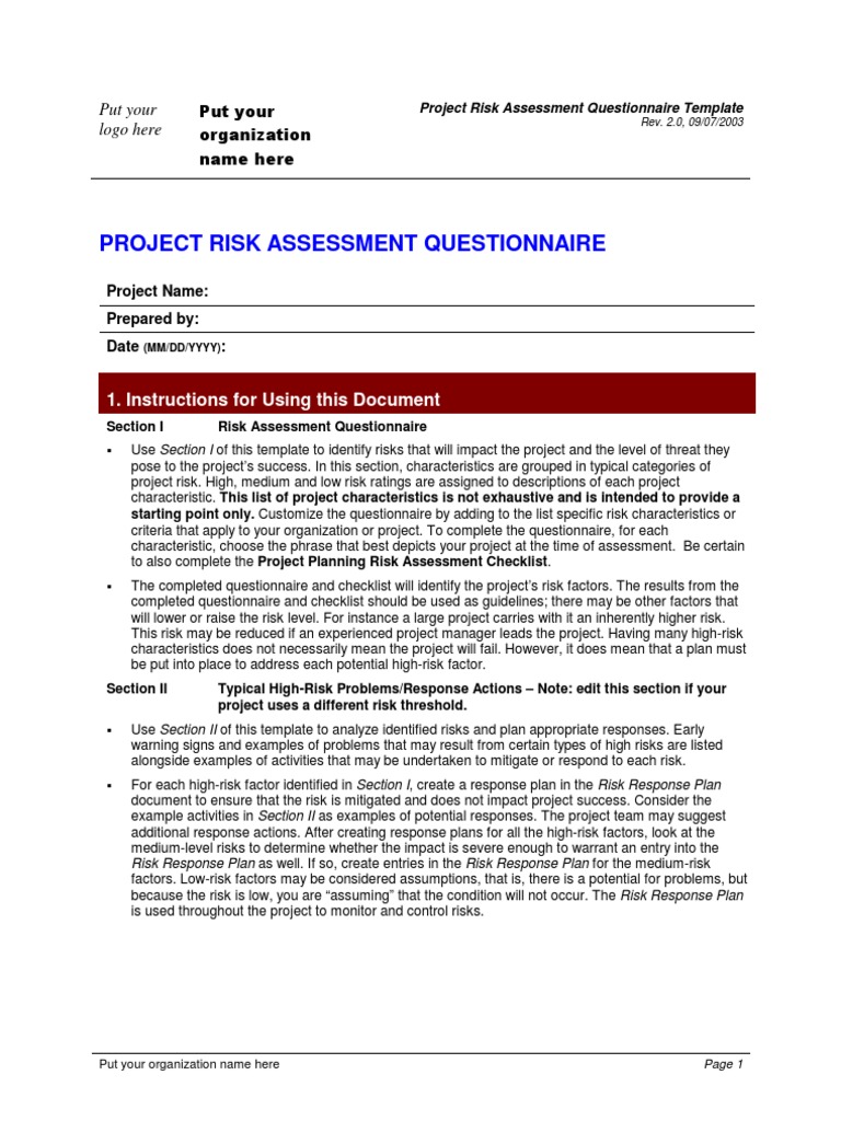 Risk Assessment Questionnaire Template | Download Free PDF | Project ...
