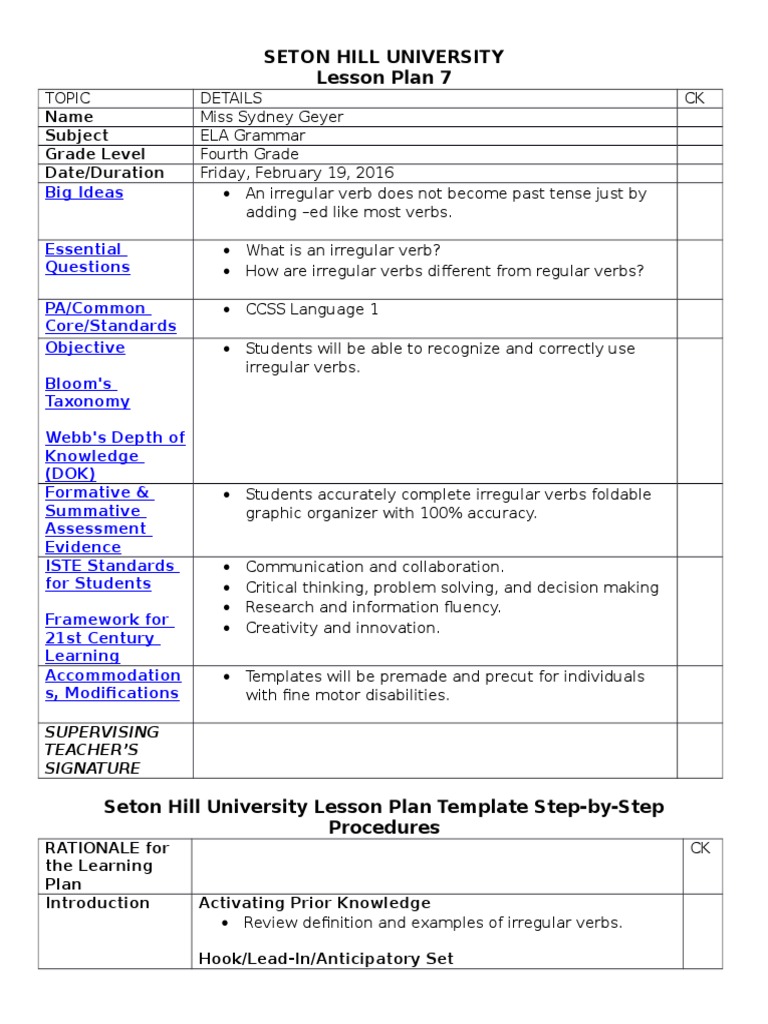 Seton Hill University Lesson Plan 7: Name Subject Grade Level Date ...