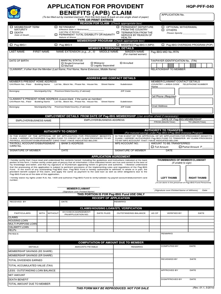 Pag-IBIG Provident Benefits Claim Form | PDF | Loans | Mortgage Loan