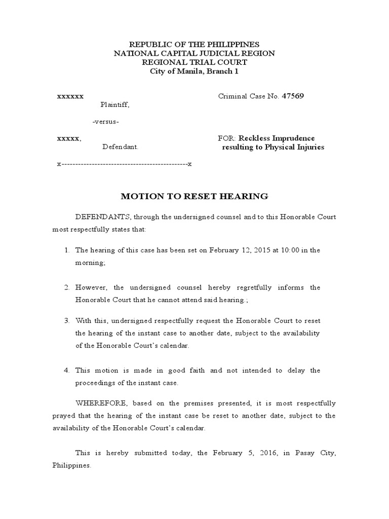 Motion For Postponement PDF