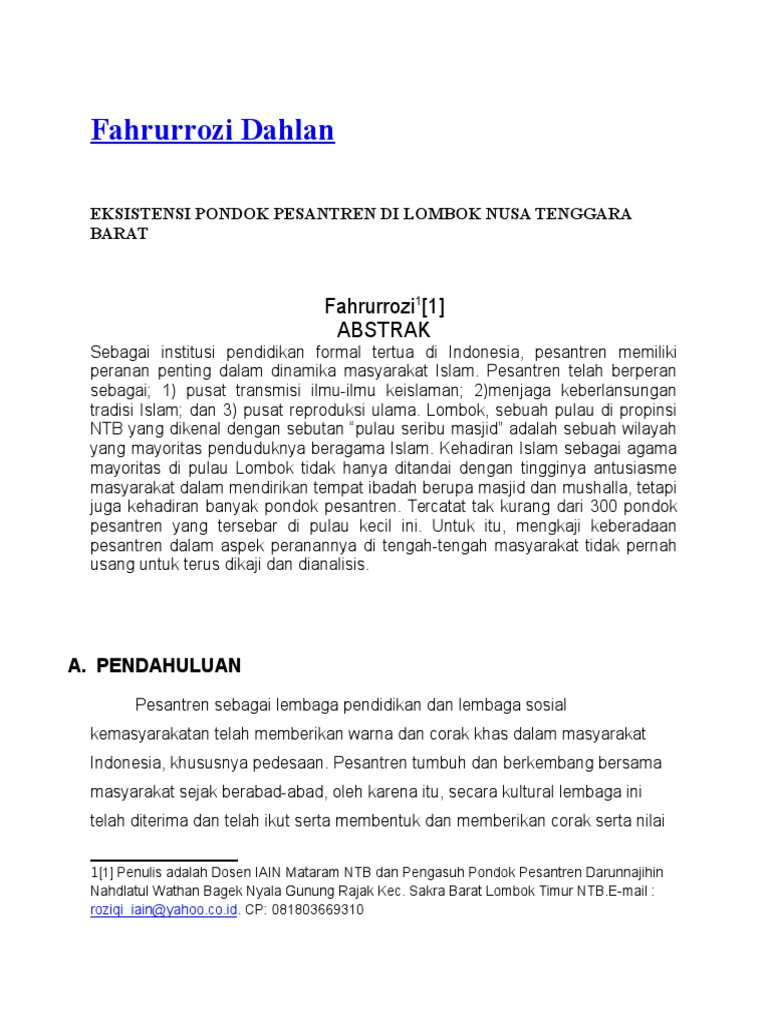 Eksistensi Pondok Pesantren Di Lombok Nusa Tenggara Barat