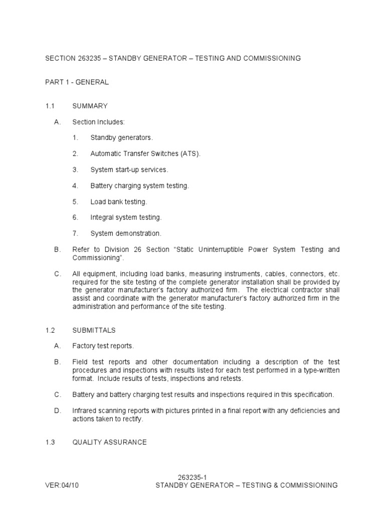 Section 263235 Standby Generator Testing and Commissioning.1 PDF