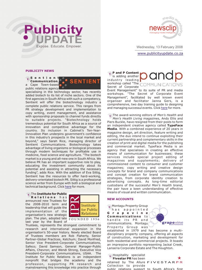 PUBLICITY UPDATE - 13 February 2008 | PDF | Public Relations | Brand