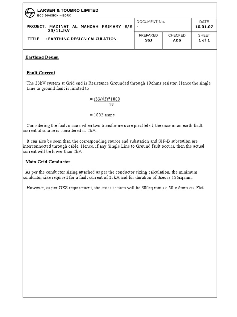 Earthing Design Calculation for S/S | PDF