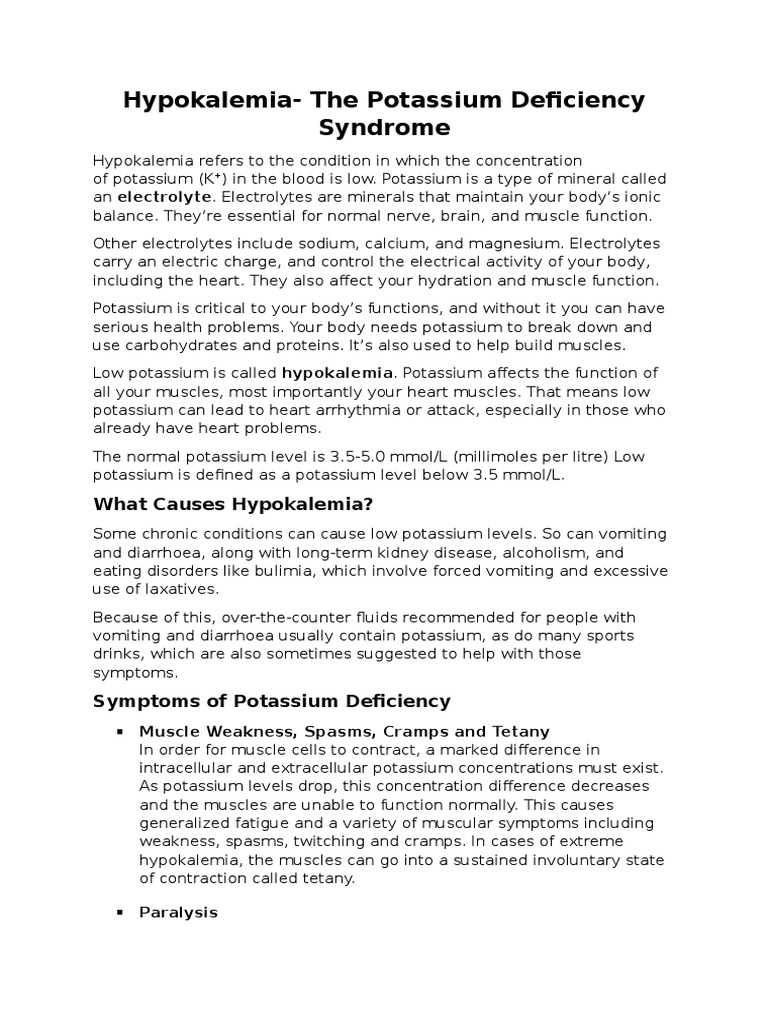 Hypokalemia PDF Potassium Diet & Nutrition