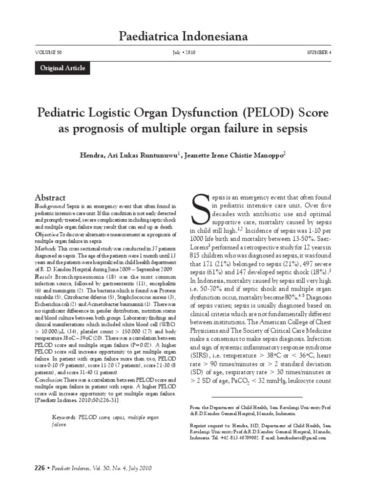 PELOD Score | Sepsis | Medical Specialties