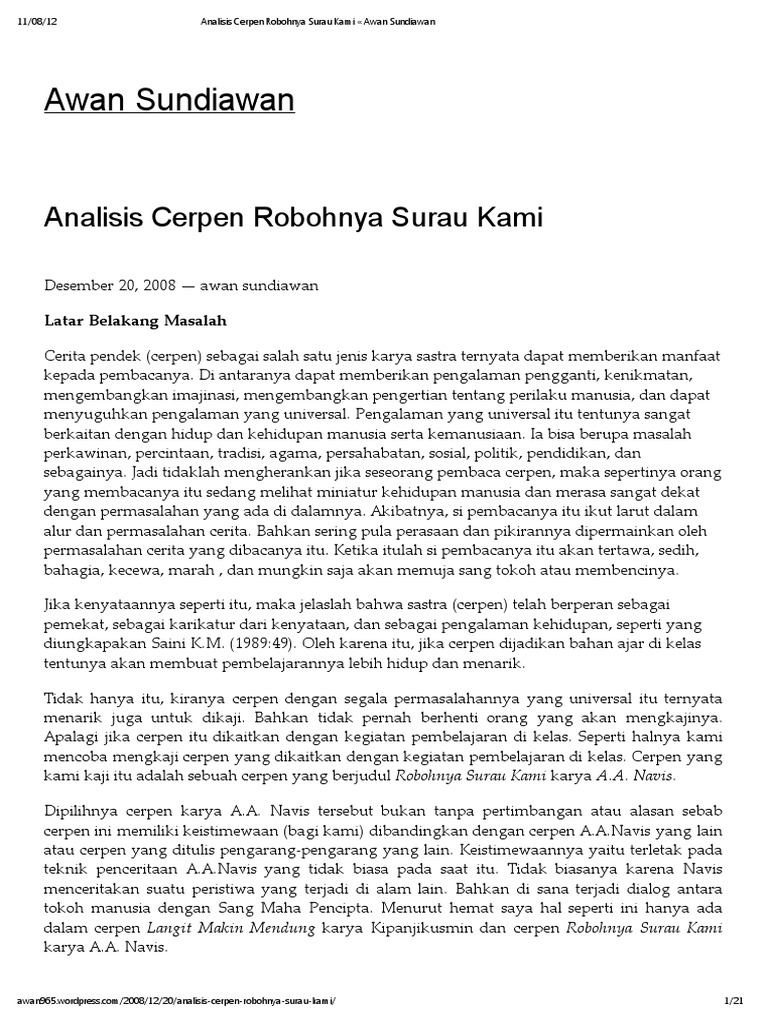 Analisis Cerpen Robohnya Surau Kami Awan Sundiawan