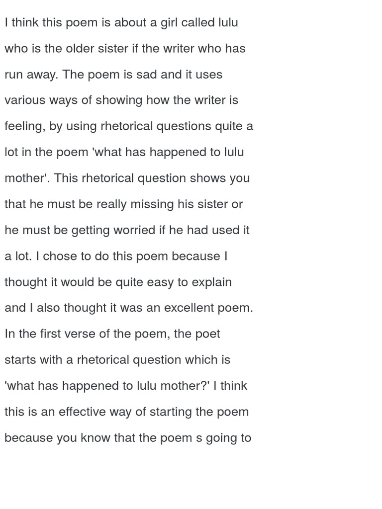 LULU the Poem is About a Girl Called Lulu Who is the Older Sister if