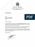 Carta de Condolencias Del Presidente Danilo Medina A Víctor R. Sánchez Jáquez Por Fallecimiento de Su Padre, Víctor Manuel Sánchez Peña