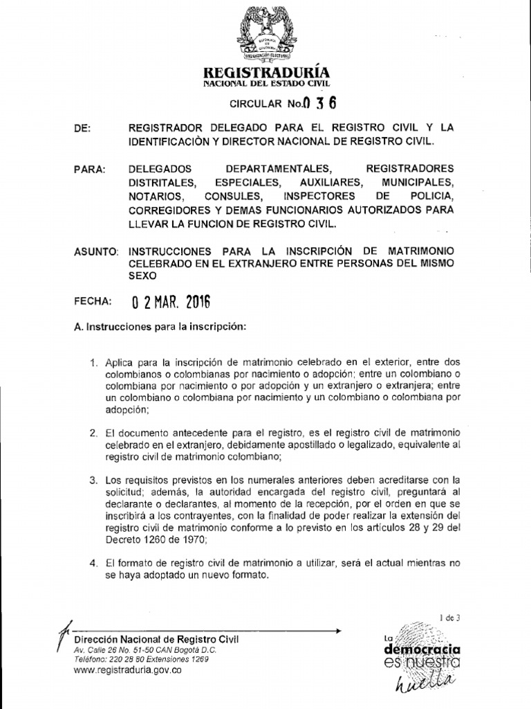 Cómo inscribir en Colombia matrimonio civil de parejas del