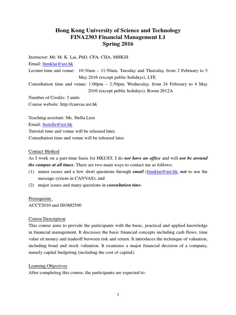 FINA2303 L1 Financial Management Course Outline Spring 2016 (Tentative