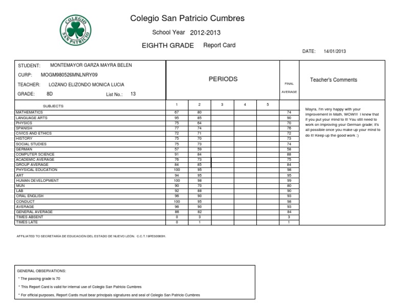 Eighth Grade Report Card | PDF | Social Science | Travel
