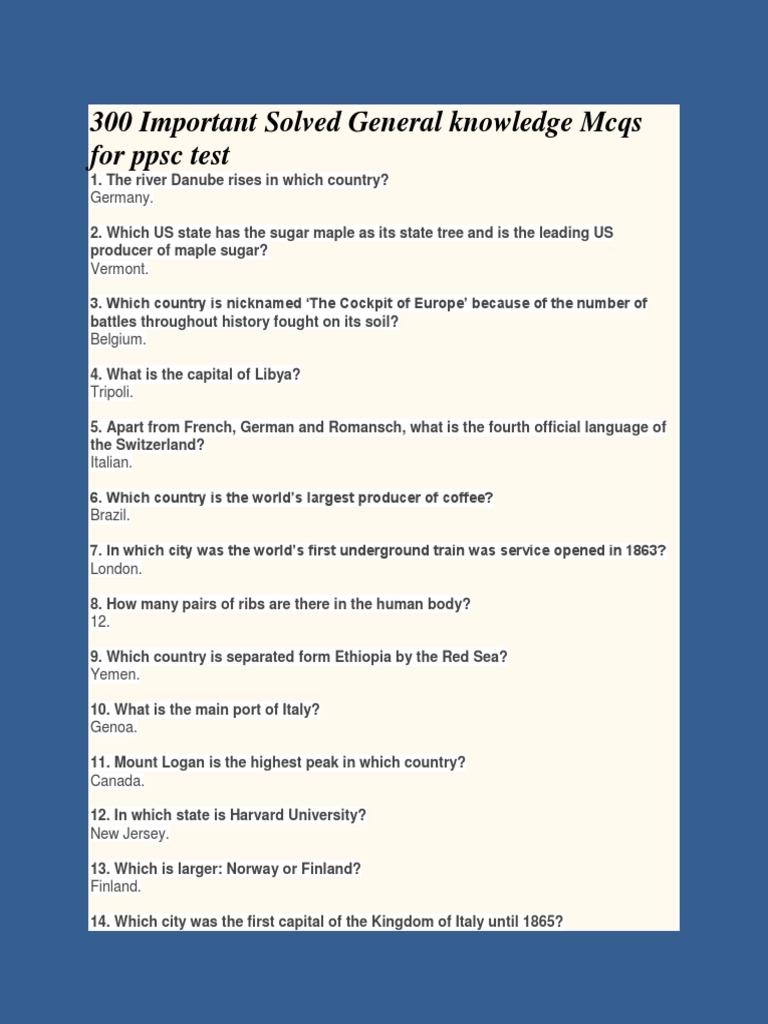 300 Important Solved General Knowledge Mcqs For PPSC Test | PDF | Business