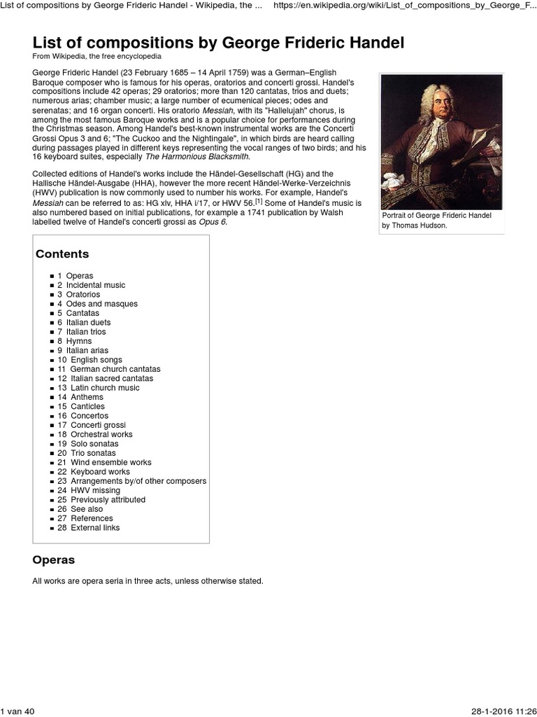 List of Compositions by George Frideric Handel - Wikipedia, The Free  Encyclopedia | PDF | George Frideric Handel | Compositions