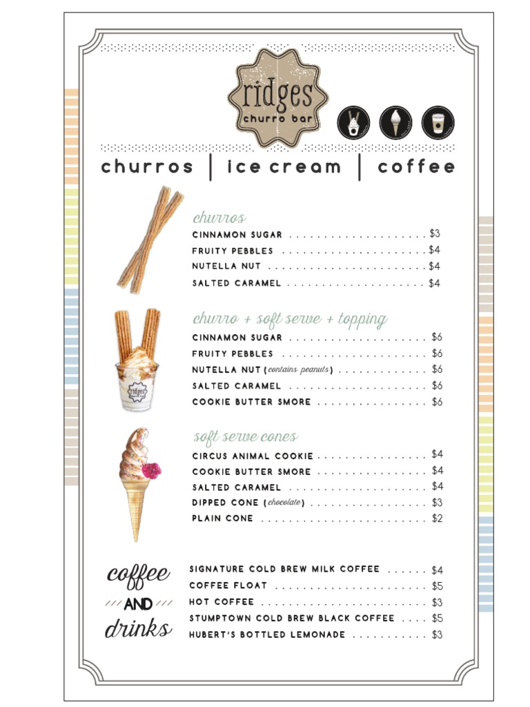 Ridges Churro Bar Menu Overview | PDF | Desserts | Foods