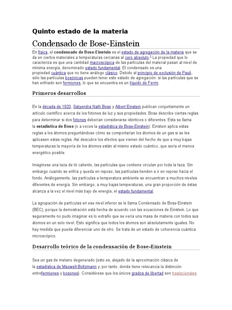 Quinto Estado de La Materia PDF Importar Química Física