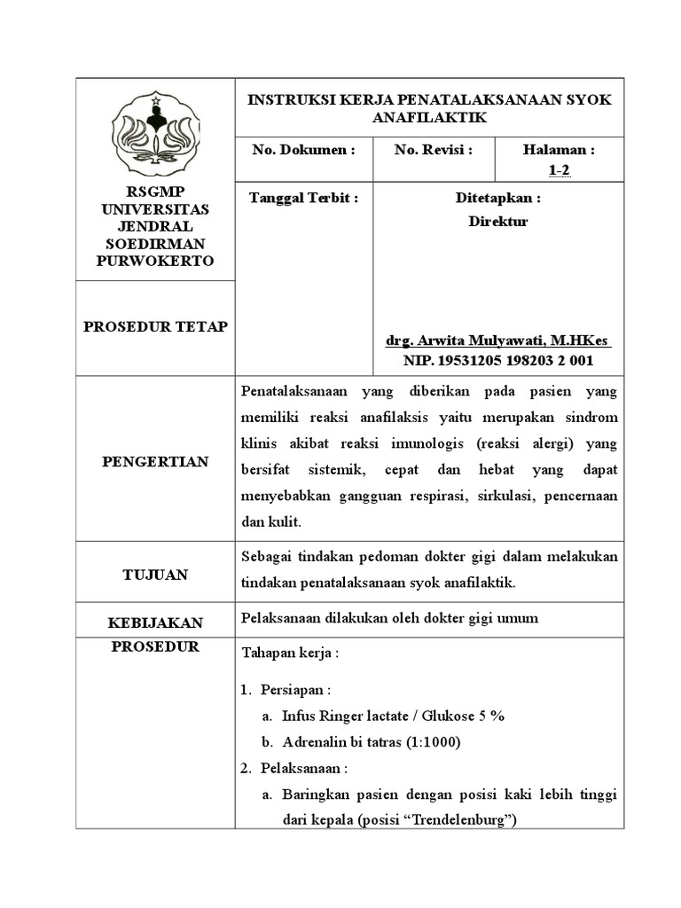 Sop Syok Penatalaksanaan Syok Anafilaktik