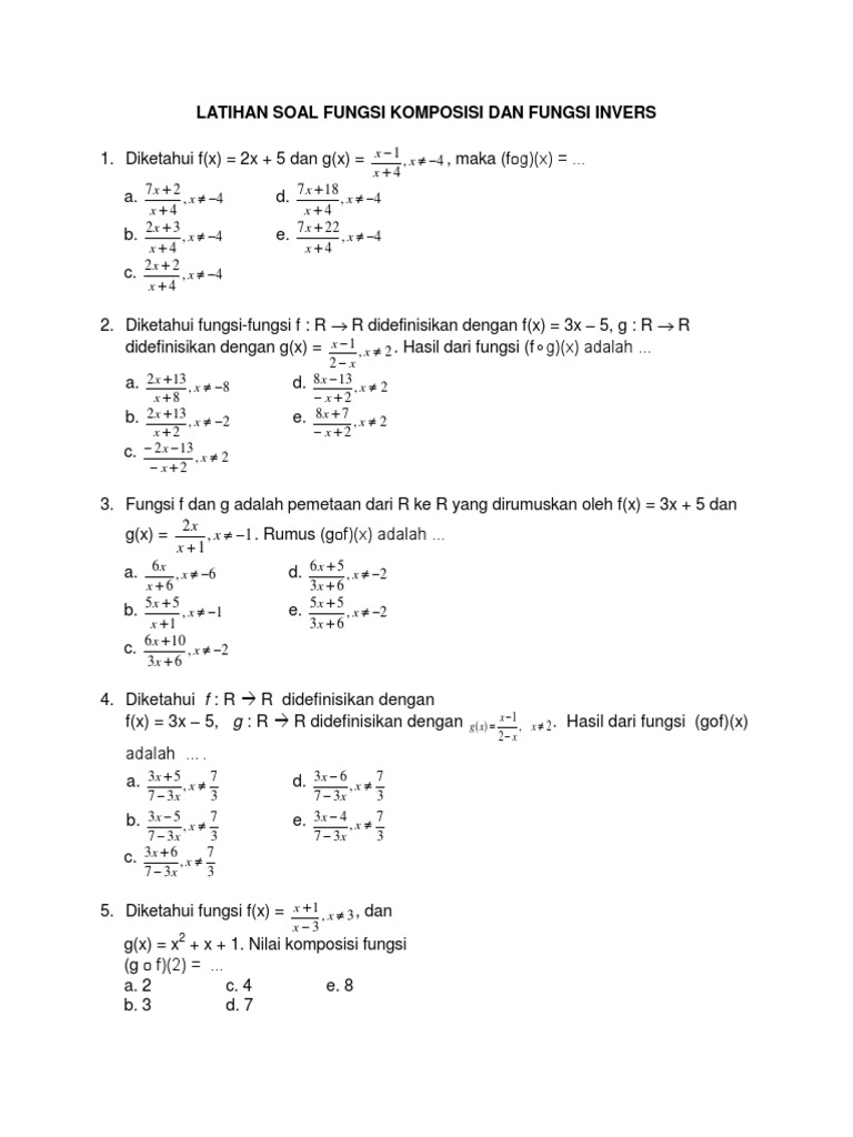 Latihan Soal Fungsi Komposisi Dan Fungsi Invers