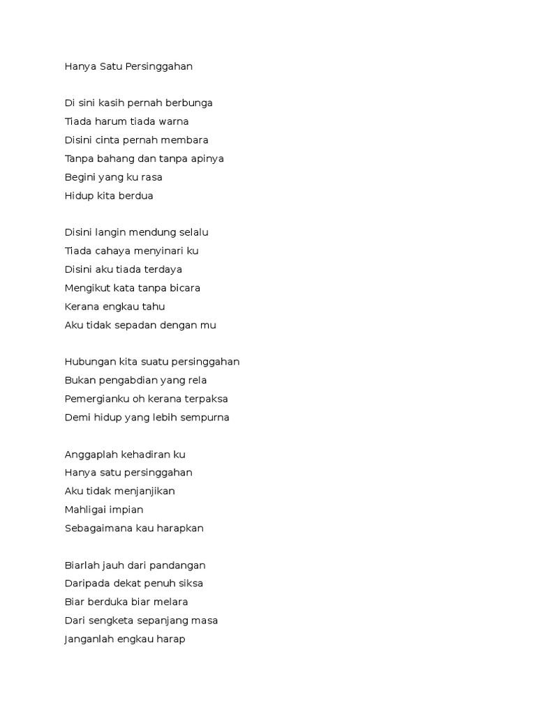 Hanya Satu Persinggahan Cinta ku suci hanya satu untuk dirimu ku percaya padamu kasih ku akan menungu mu. scribd