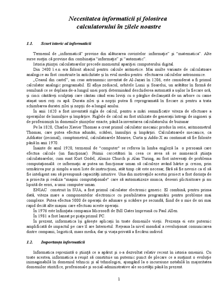 Necesitatea Informaticii Şi Folosirea | PDF