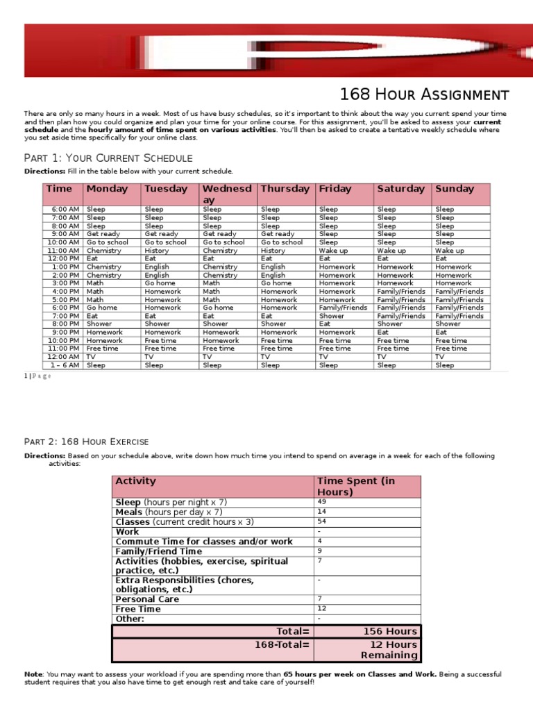 168-Hour Weekly Time Management Guide | PDF | Academic Term | Course Credit