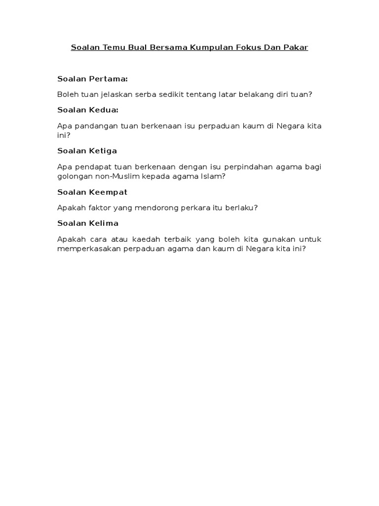 Soalan Temu Bual Bersama Kumpulan Fokus Dan Pakar Pdf