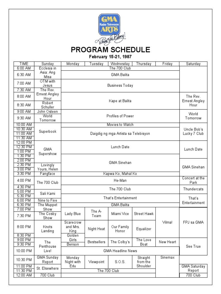 GMA 7 Program Schedule: Feb 15-21, 1987 | PDF | Television