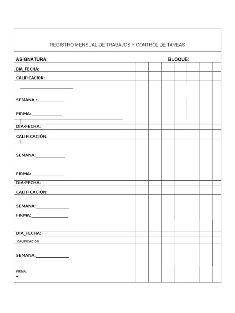 Registro Mensual De Trabajos Y Control De Tareas Pdf 