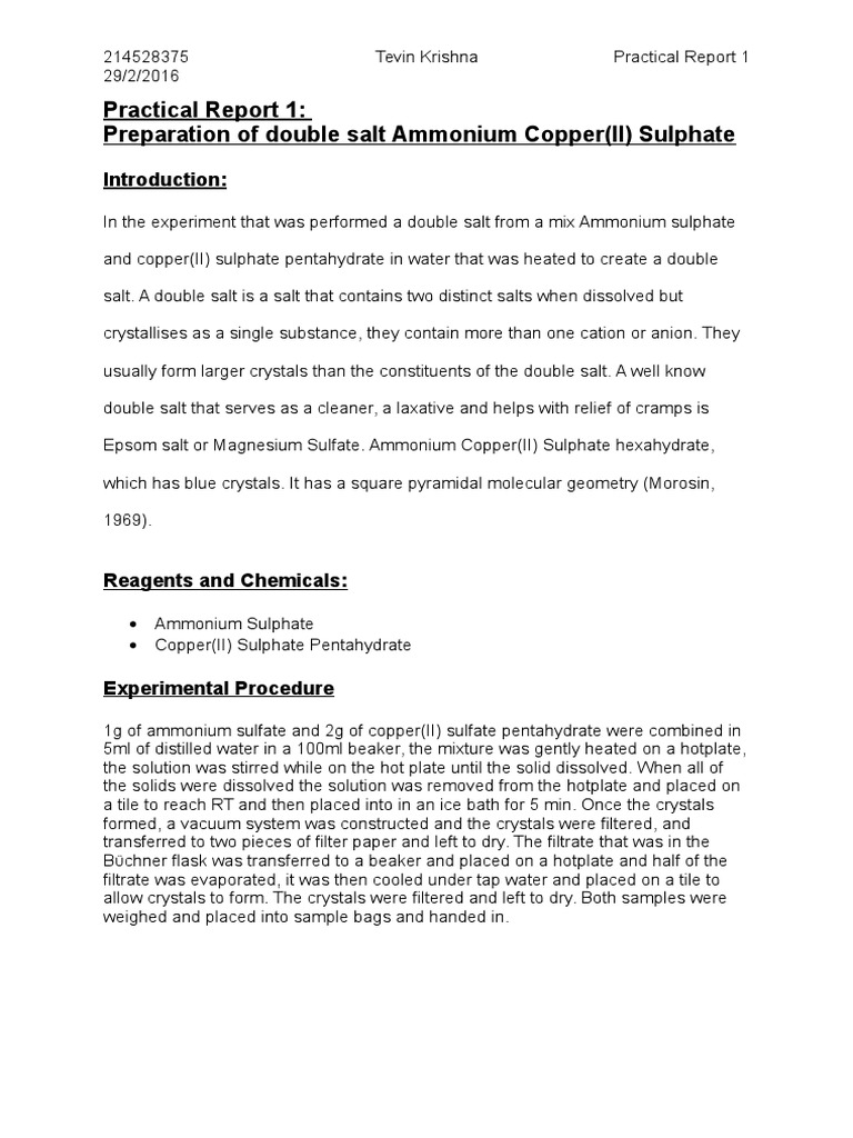 Preparation Of Ammonium Copper Ii Sulphate Pdf Mole Unit Salt Chemistry