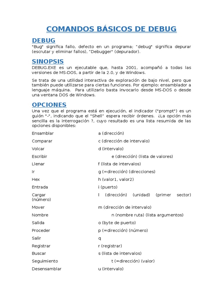 Comandos Esenciales de DEBUG en MS-DOS | PDF | Arquitectura de ...