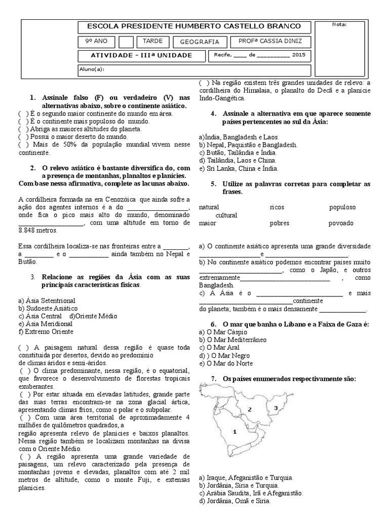 Exercicios Sobre A Asia 9 Ano Com Gabarito