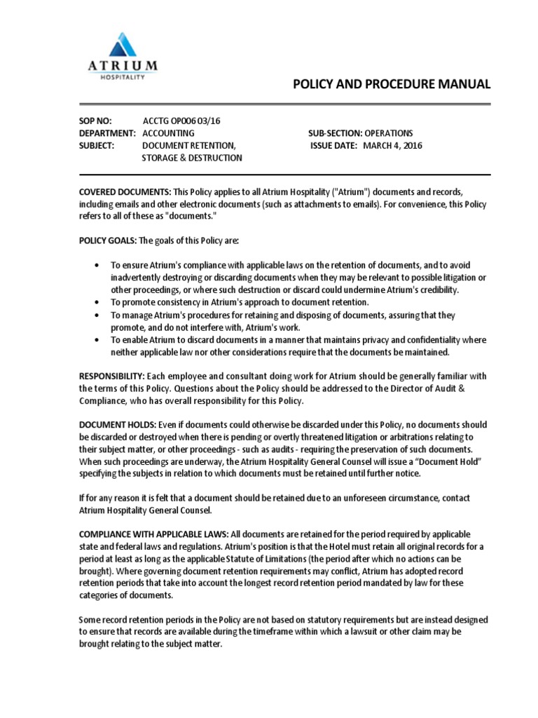 Document Retention Policy Overview | PDF | Accounts Payable | Employment