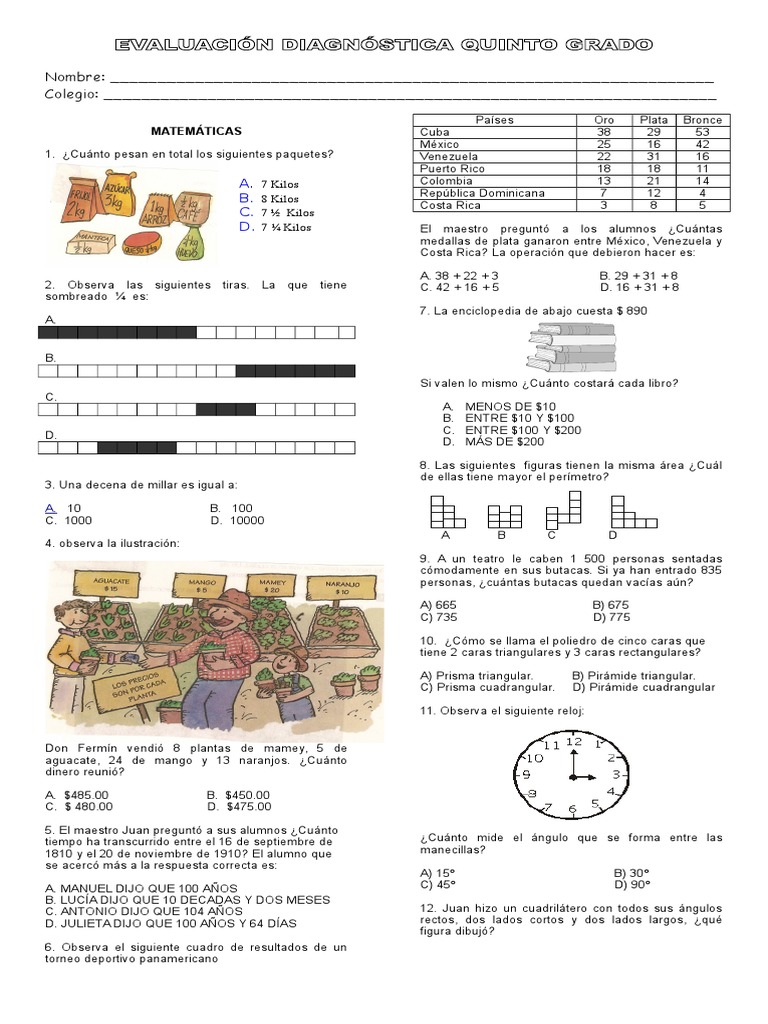 Evaluacion Diagnostica Quinto Grado (MATEMATICAS)