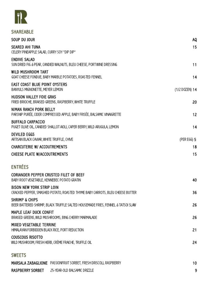 Relish Gastro Lounge Menu
