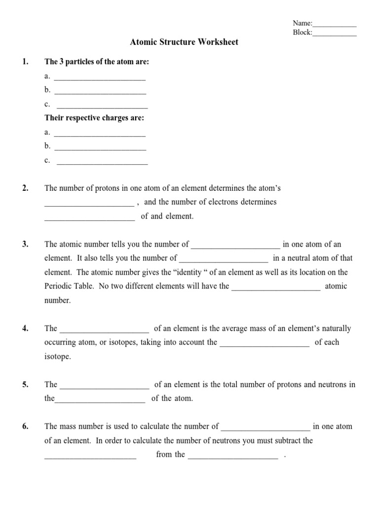 atom worksheet | Chemical Elements | Atoms