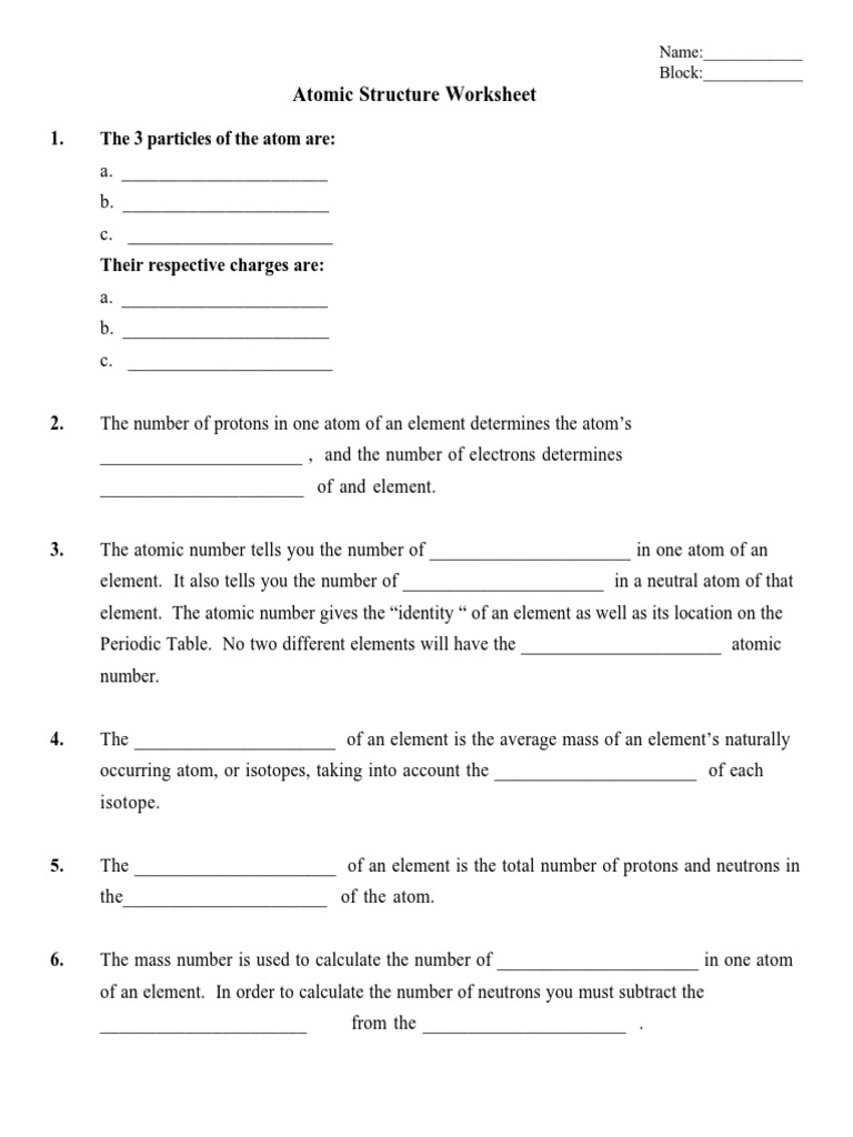 Atom Worksheet Chemical Elements Atoms