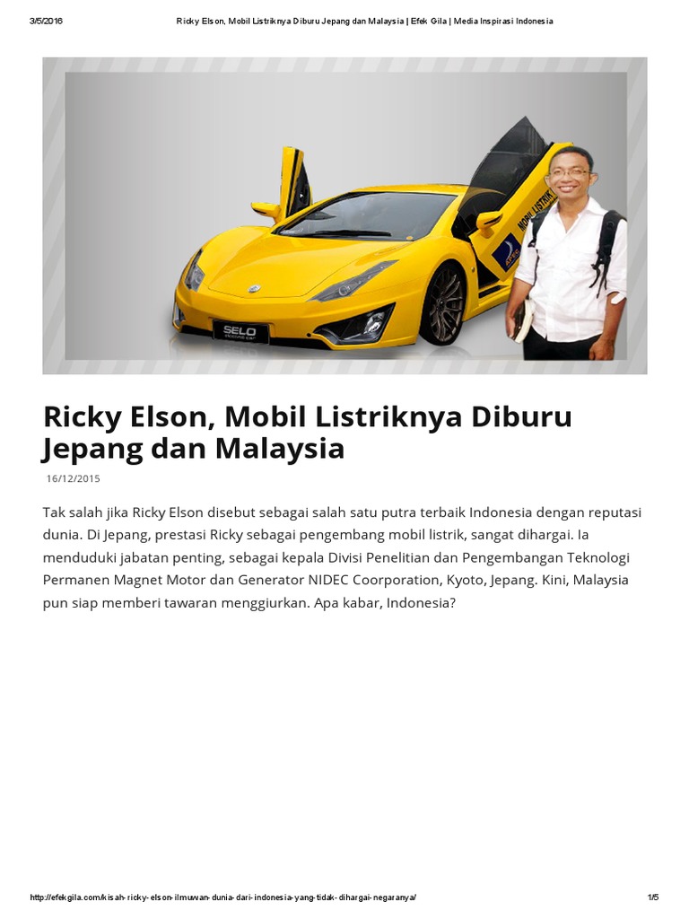 Ricky Elson, Mobil Listriknya Diburu Jepang Dan Malaysia | PDF | Bisnis ...