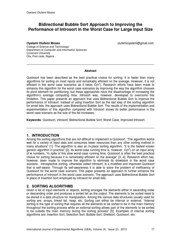 Bidirectional Bubble Sort Approach To Improving The Performance of ...