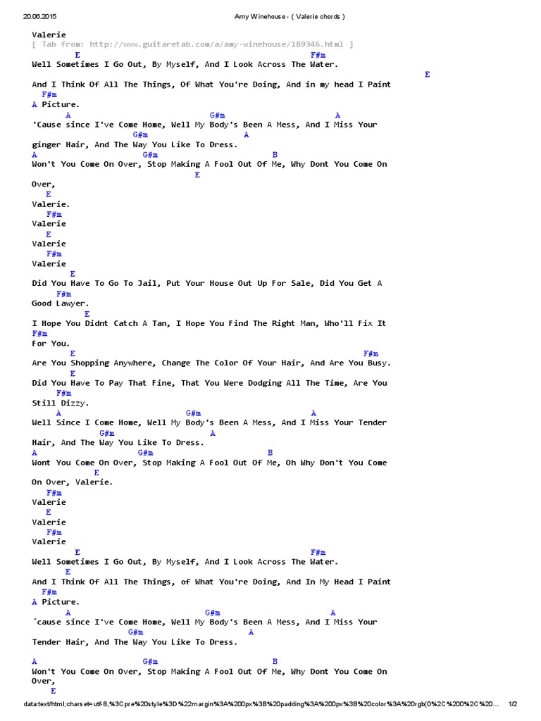 Amy Winehouse Valerie Chords Rhythm And Blues Songs Pop Songs