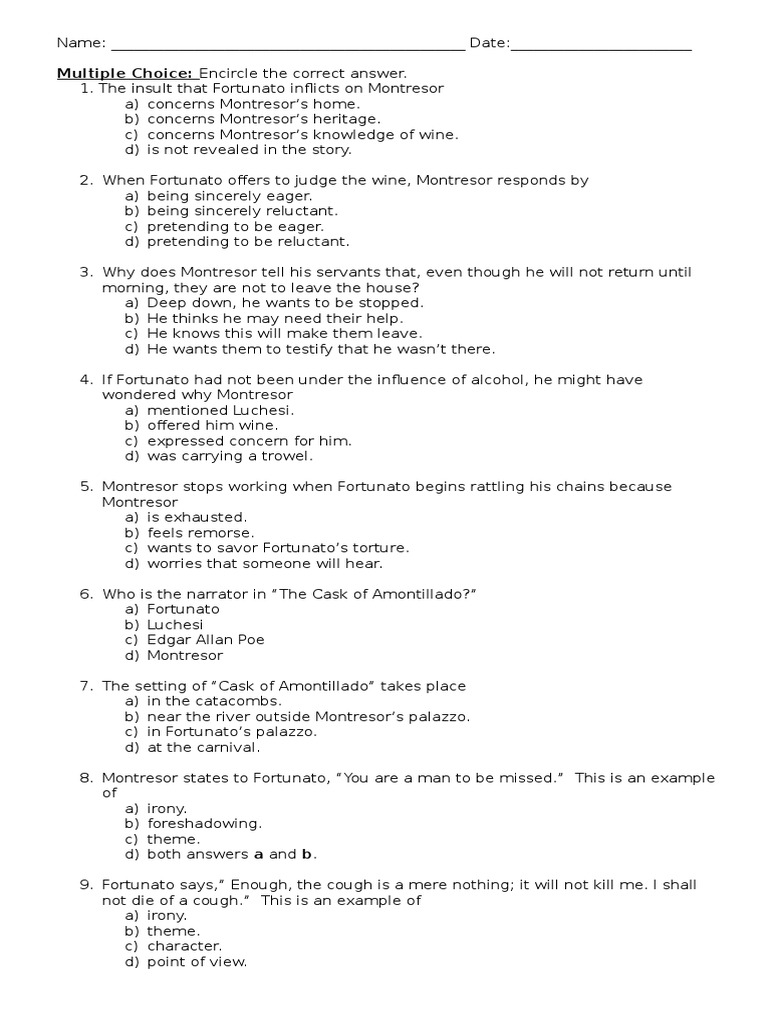 The Cask of Amontillado Test 25  PDF With Regard To The Cask Of Amontillado Worksheet