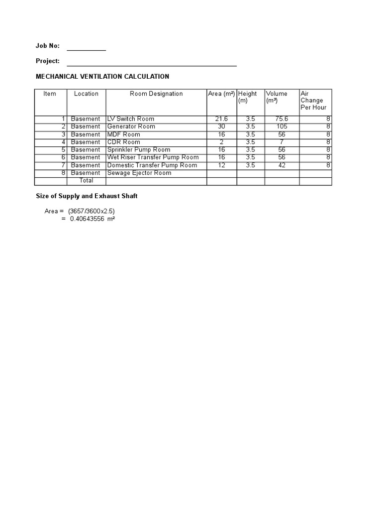 Mechanical Ventilation calculation spreadsheet